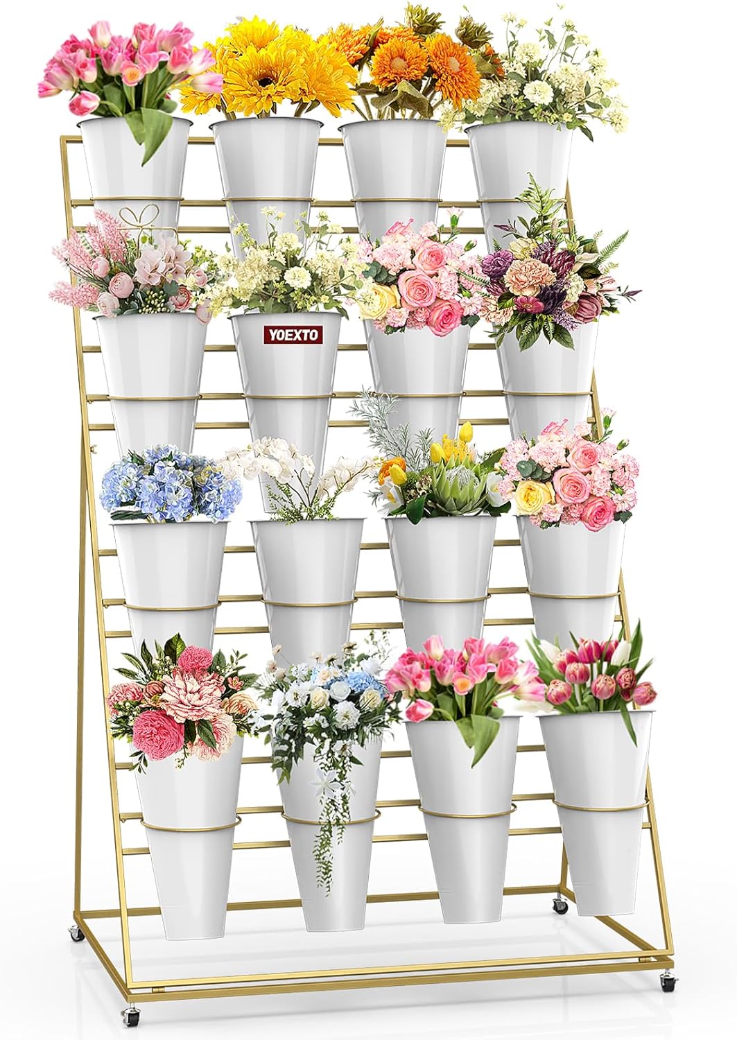 Flower Display Stand with Buckets, 4 Layers 16 PCS Buckets Plant Stand with Wheels, Movable Metal