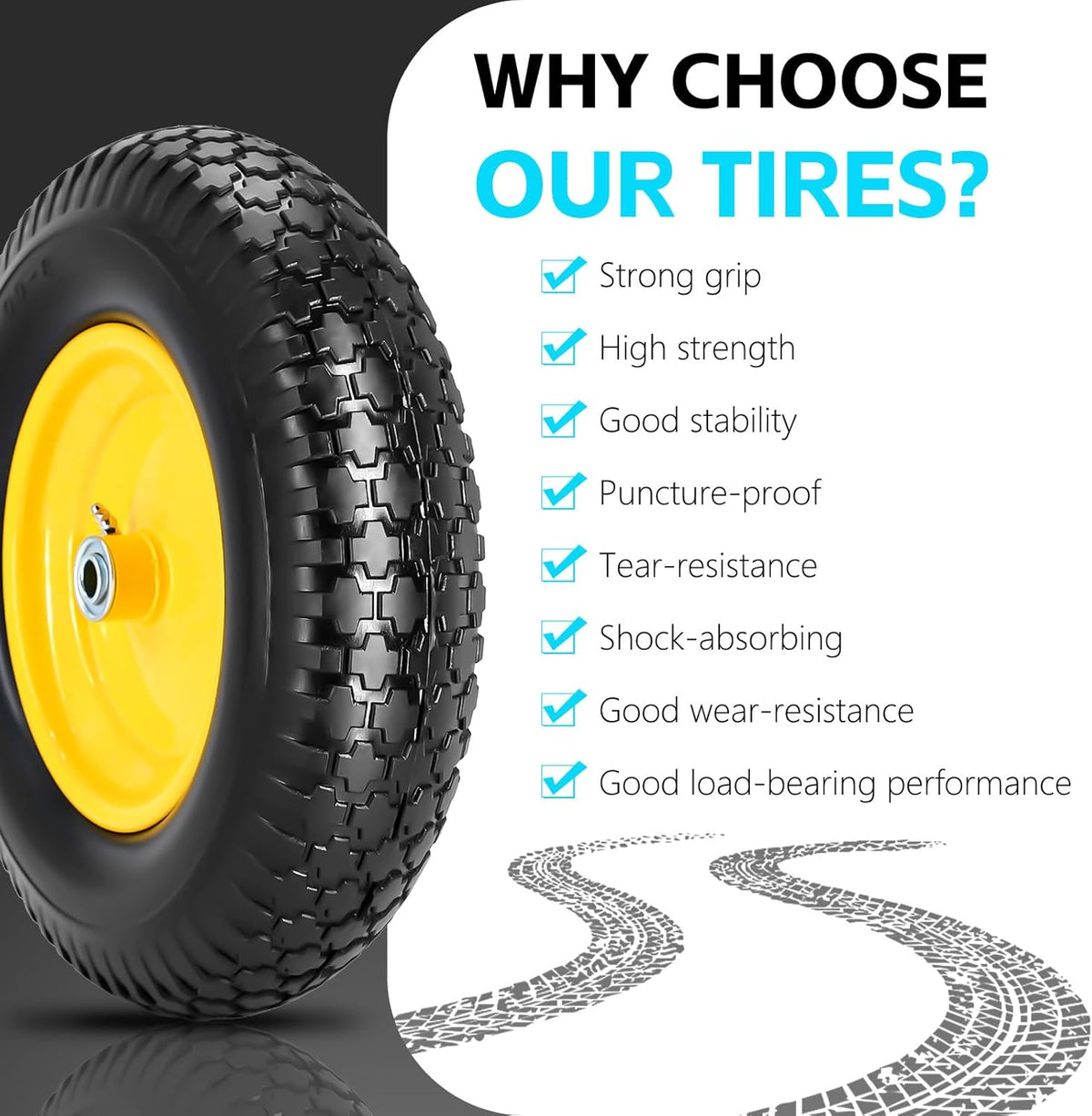 16" 4.80/4.00-8" Flat-Free Solid Wheelbarrow Wheel and Tire, 3"-7"Centered Hub with 5/8"&3/4"