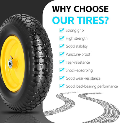 16" 4.80/4.00-8" Flat-Free Solid Wheelbarrow Wheel and Tire, 3"-7"Centered Hub with 5/8"&3/4"