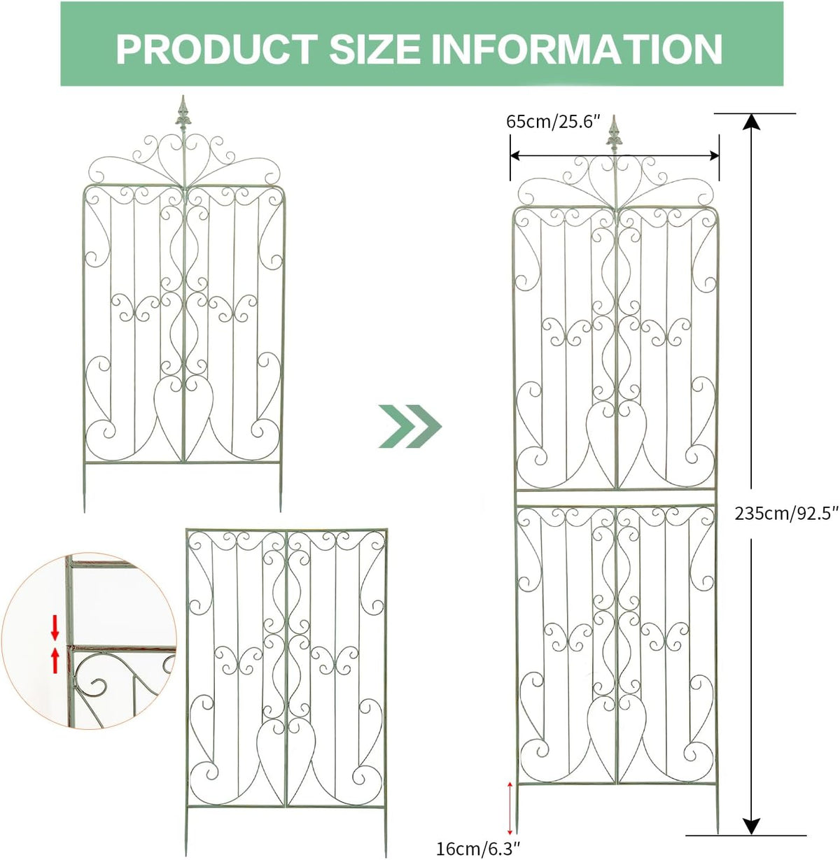 Sungmor 2 Pack Large Garden Trellis for Climbing Plants, 92.5 Inch Tall Rustic Green Garden Metal