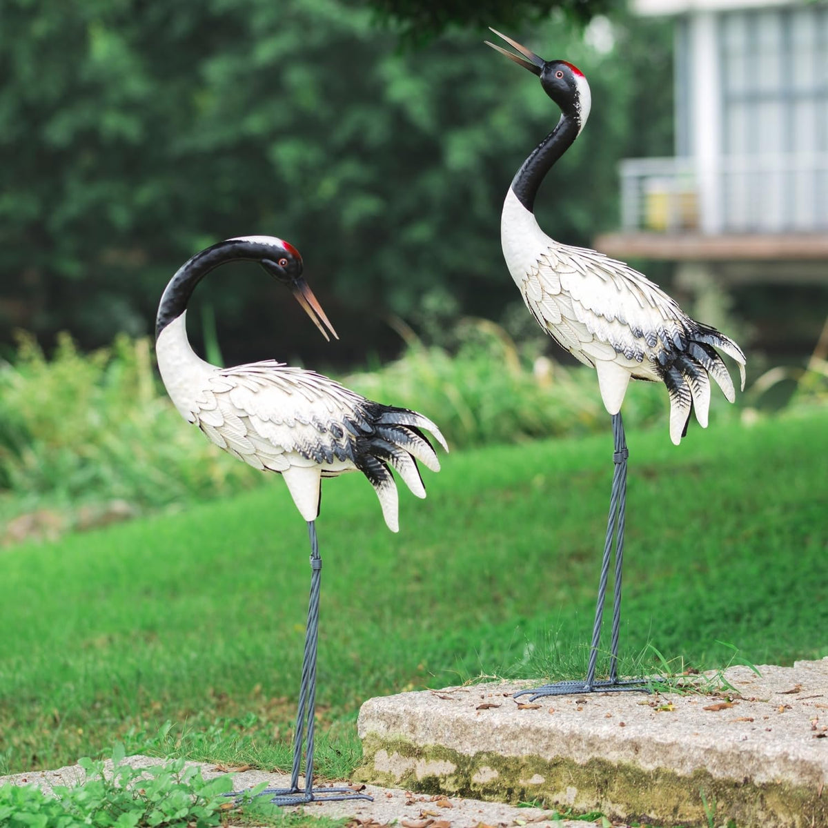 chisheen Garden Crane Statues Outdoor Heron Red Crowned Crane Metal Yard Art Sculpture,Set of 2