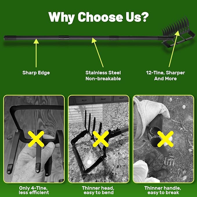 2 in 1 Stirrup Hula Hoe Garden Tool, 12 Tines Cultivators for Gardening, Weed Puller Tool with 76"