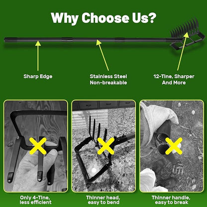 2 in 1 Stirrup Hula Hoe Garden Tool, 12 Tines Cultivators for Gardening, Weed Puller Tool with 76"