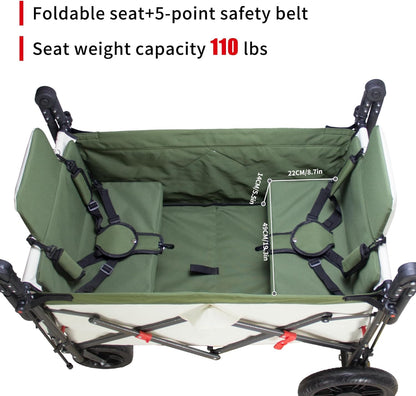 Foldable Wagon with Canopy - Collapsible Utility Cart with 2 Seats & Belts, Adjustable Handle