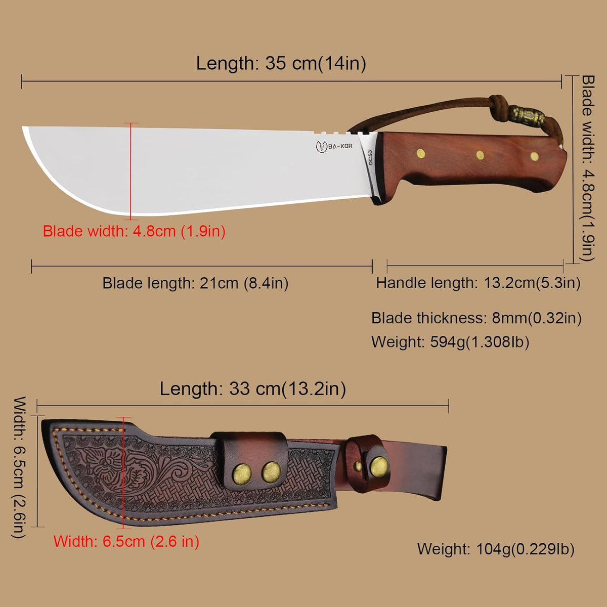 BA-KOR USA 8mmDC53 steel 35CM (14 ") full Tang fixed knife with leather sheath and (5.9 ") ceria