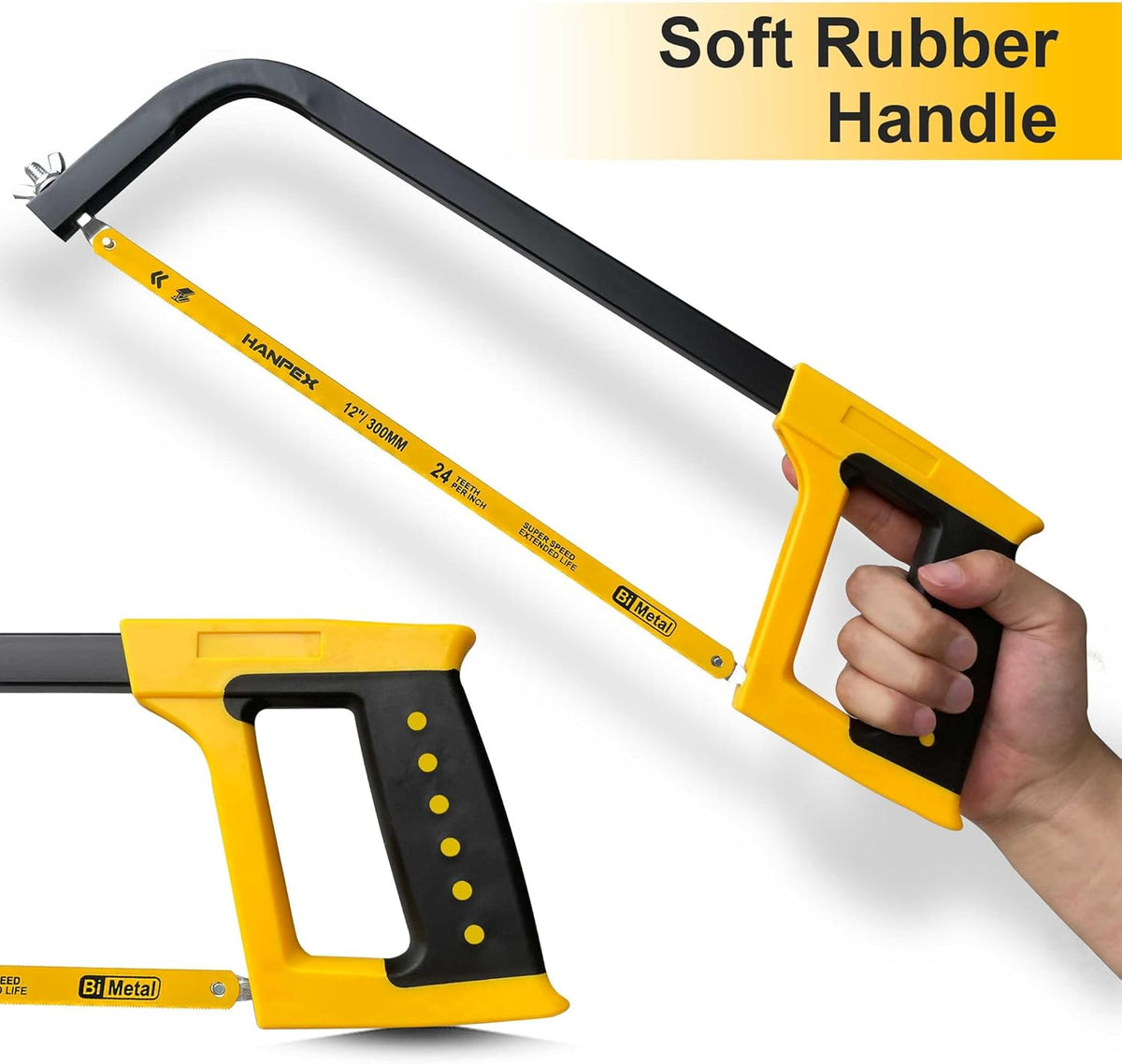 12inch High-Tension Hacksaw Frame with 24 TPI Bi-metal Blade, Hand Saw Suitable for Metal, wood
