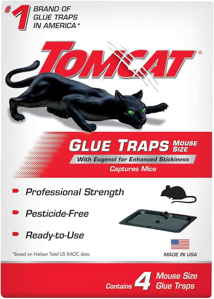 Tomcat Mouse Trap with Immediate Grip Glue for Mice, Cockroaches, and Spiders, Ready-to-Use, 4-Pack