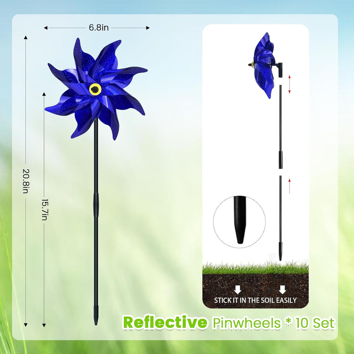 10 PCS Reflective Pinwheels for Yard and Garden Bird Devices Pre-Installed Sparkly Wind Spinner