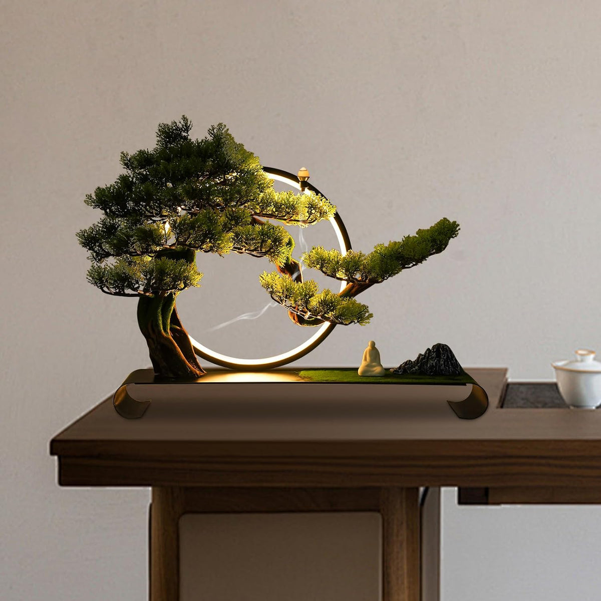 Artificial Bonsai Pine Tree Faux Realistic Simulation Bonsai with LED Lamp Ring Fake Plants Desk