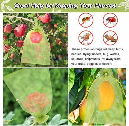 100pcs Fruit Protection Bags 8x12 inch, Green Netting Cover Bags Drawstring Mesh Fruit Protectors