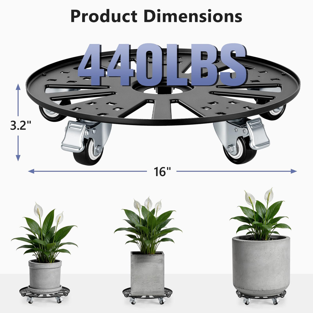 KEDSUM 16" Plant Caddy with Wheels, Anti-Rust & Anti-Slip Plant Stand with Wheels, 440LBS Heavy