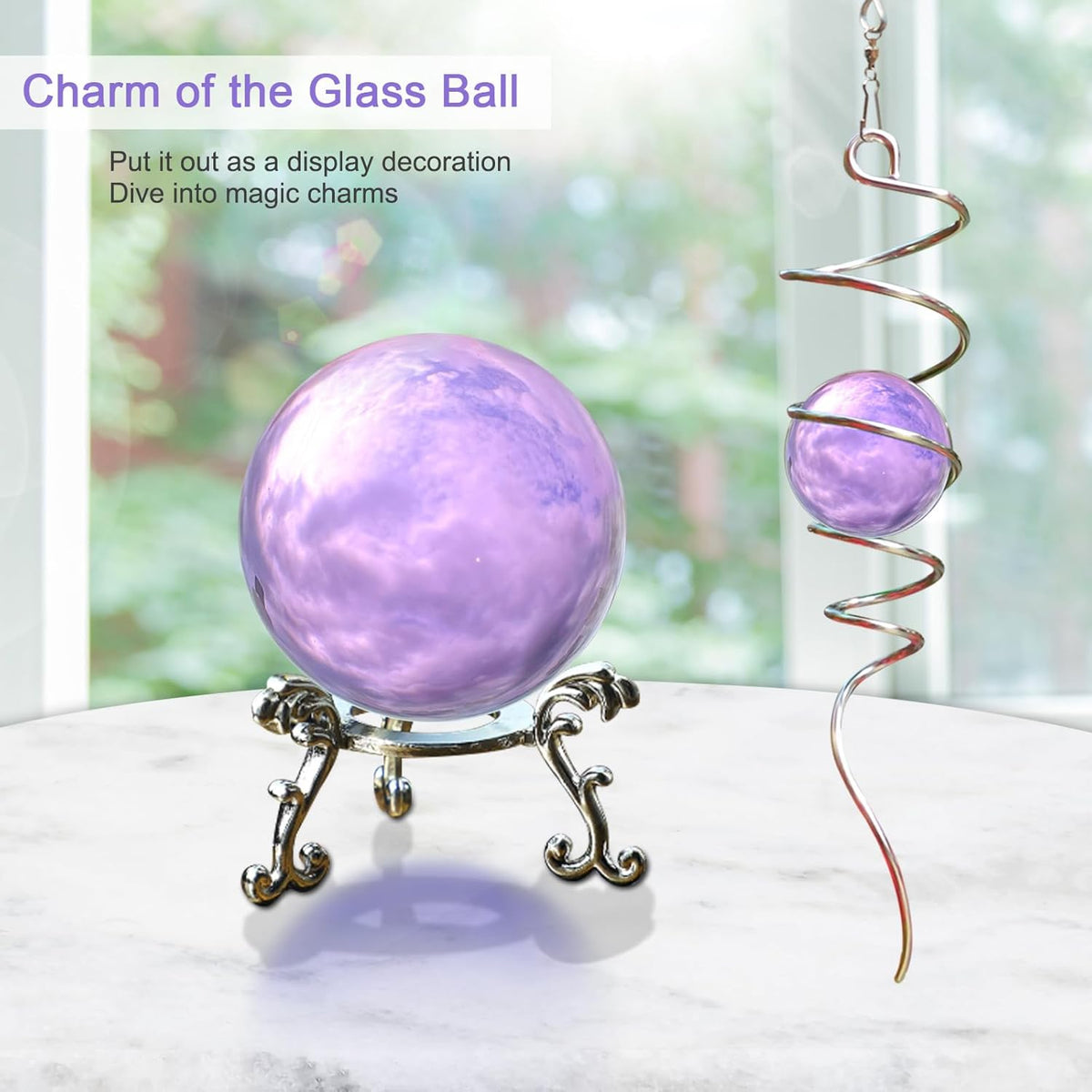 Gazing Ball Spiral Tail with Purple Glass Orb, Wind Spinners Stabilizer, Stainless Steel Wind