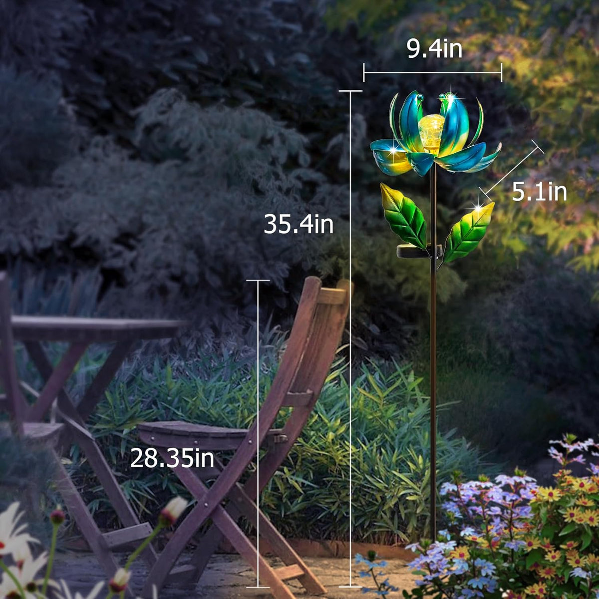Solar Yard Lights Wind Spinners- Metal Lotus Flower Garden Decor LED Crackle Glass Globe Yard Art
