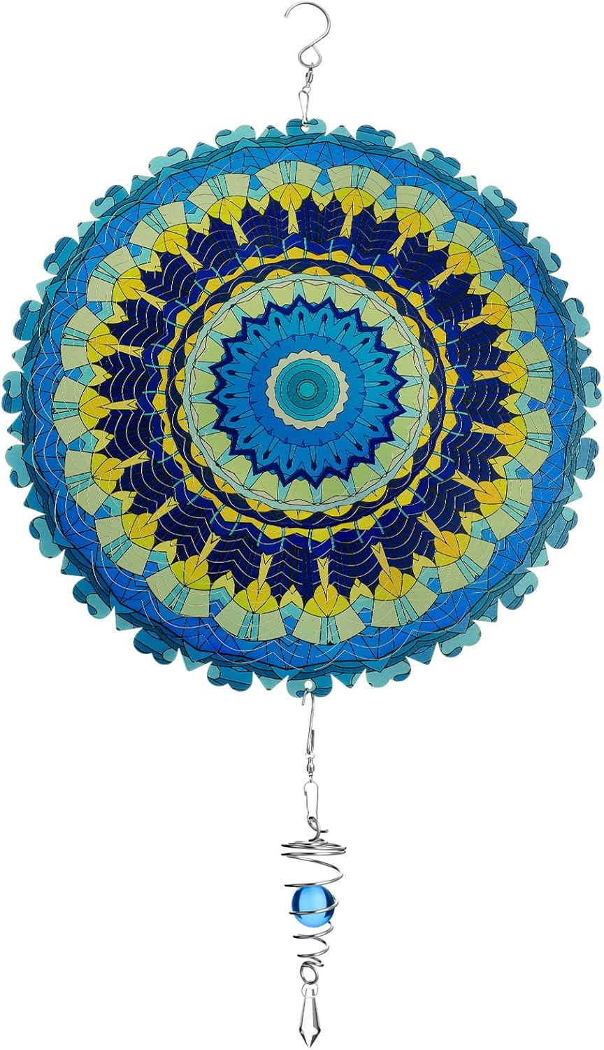 12 Inch Mandala Wind Spinners with Gazing Ball Spiral Tail, Outdoor 3D Stainless Steel Hanging