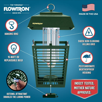 Flowtron Electric Bug Zapper 1/2 Acre Outdoor Insect Control with Dual Lure Method, 15W UV Light &