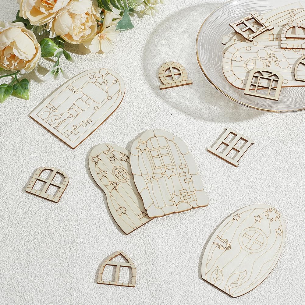 128 Pcs Fairy Doors, 16 Styles Wooden Miniature Garden Door Unfinished DIY Blank Windows for