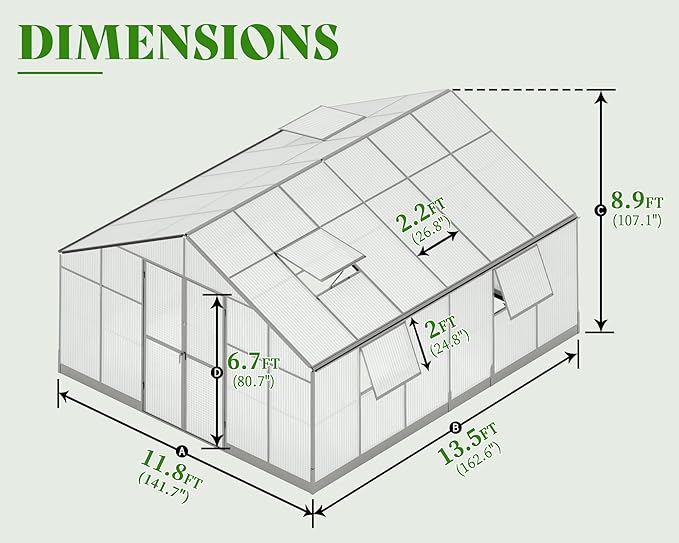 Jocisland 12x13.5x9 Polycarbonate Outdoor Aluminum Greenhouse - Quick Connect Fittings, 6.7 FT
