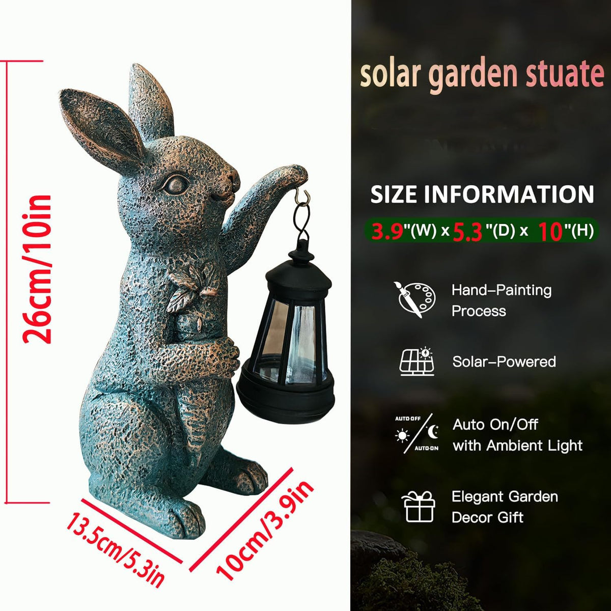 Solar Garden Statues -Rabbit Lantern Outdoor Handmade Resin Statue with LED Light, Cute Carrot