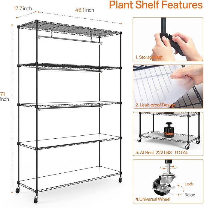 Bstrip Plant Shelf with Grow Light, 5 Tier Large Tall Plant Stand with 3FT T8 120W Grow Light for