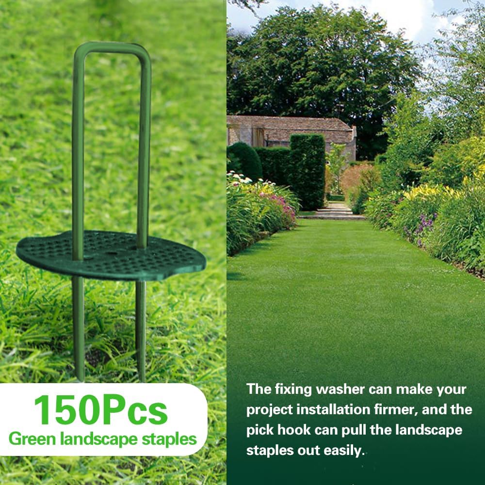 Bakulyor 150pcs Green Artificial Turf Stakes Staples + 150pcs Buffer Washer, 6 Inch 11 Gauge