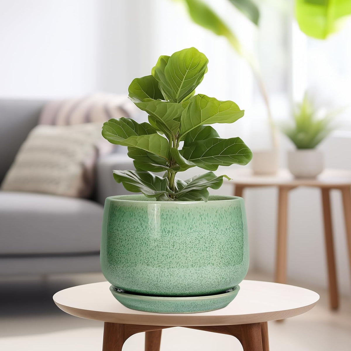 G EPGardening Ceramic Planter - 9 Inch Plant Pot with Drainage Hole and Saucer, Modern Round