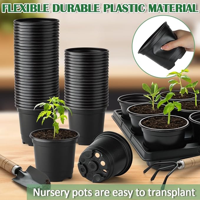 4 Inch Plastic Plant Pots 60 Pcs and 12 Cell Nursery Pots Trays 5 Pcs, Thick Sturdy Seeds Starting