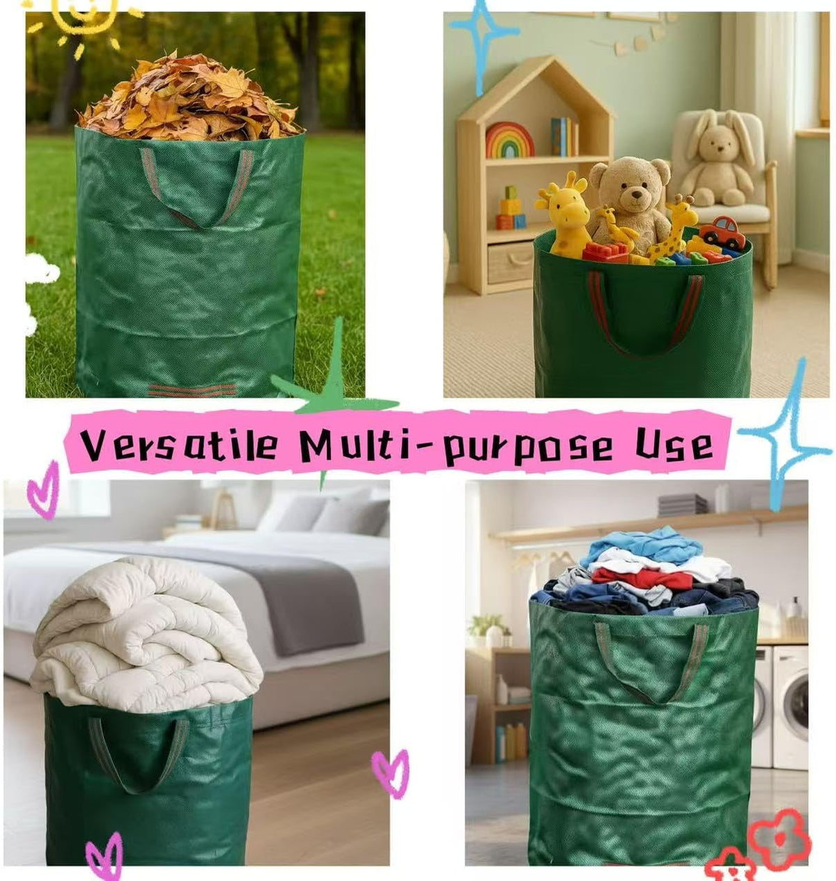 JKKGS Yard Waste Bags (3-Pack, 72 Gallons, H30 x D26 inches), Reusable, Heavy Duty Collapsible