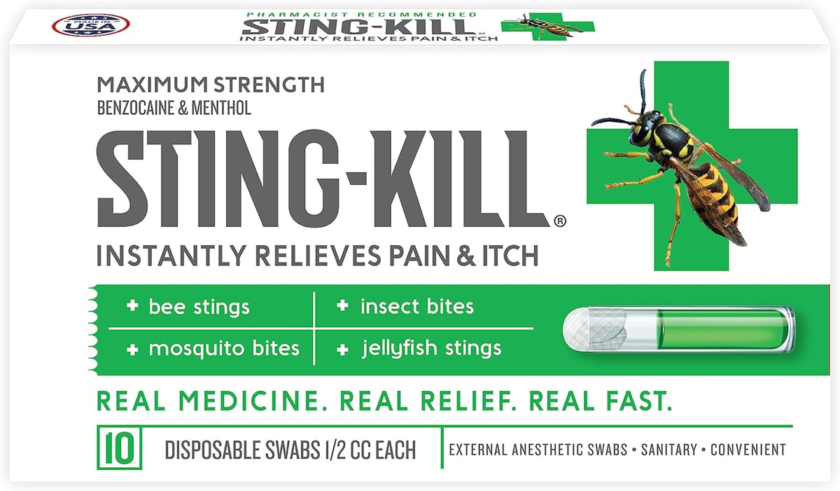 Sting-kill First Aid Anesthetic Swabs, Instant Pain + Itch Relief from Bee Stings and Bug Bites