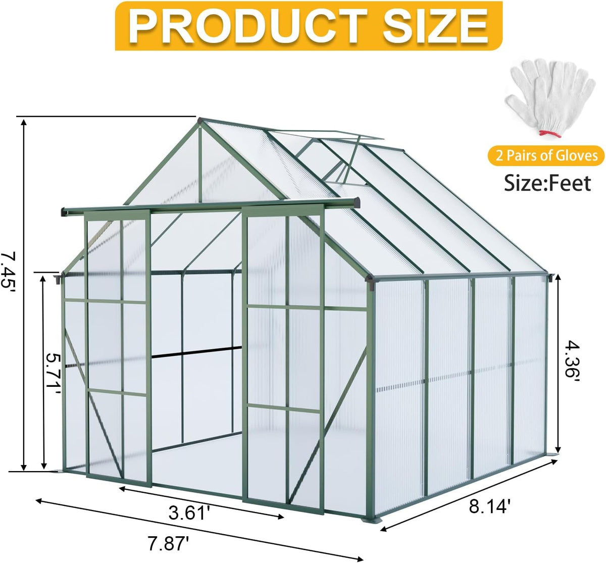 KEIKI 8x8 FT Double Door Polycarbonate Greenhouse with Aluminum Frame,Raised Base and Roof