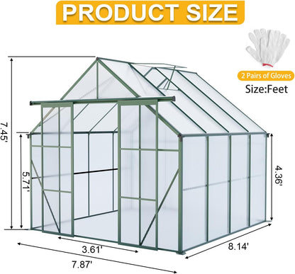 KEIKI 8x8 FT Double Door Polycarbonate Greenhouse with Aluminum Frame,Raised Base and Roof