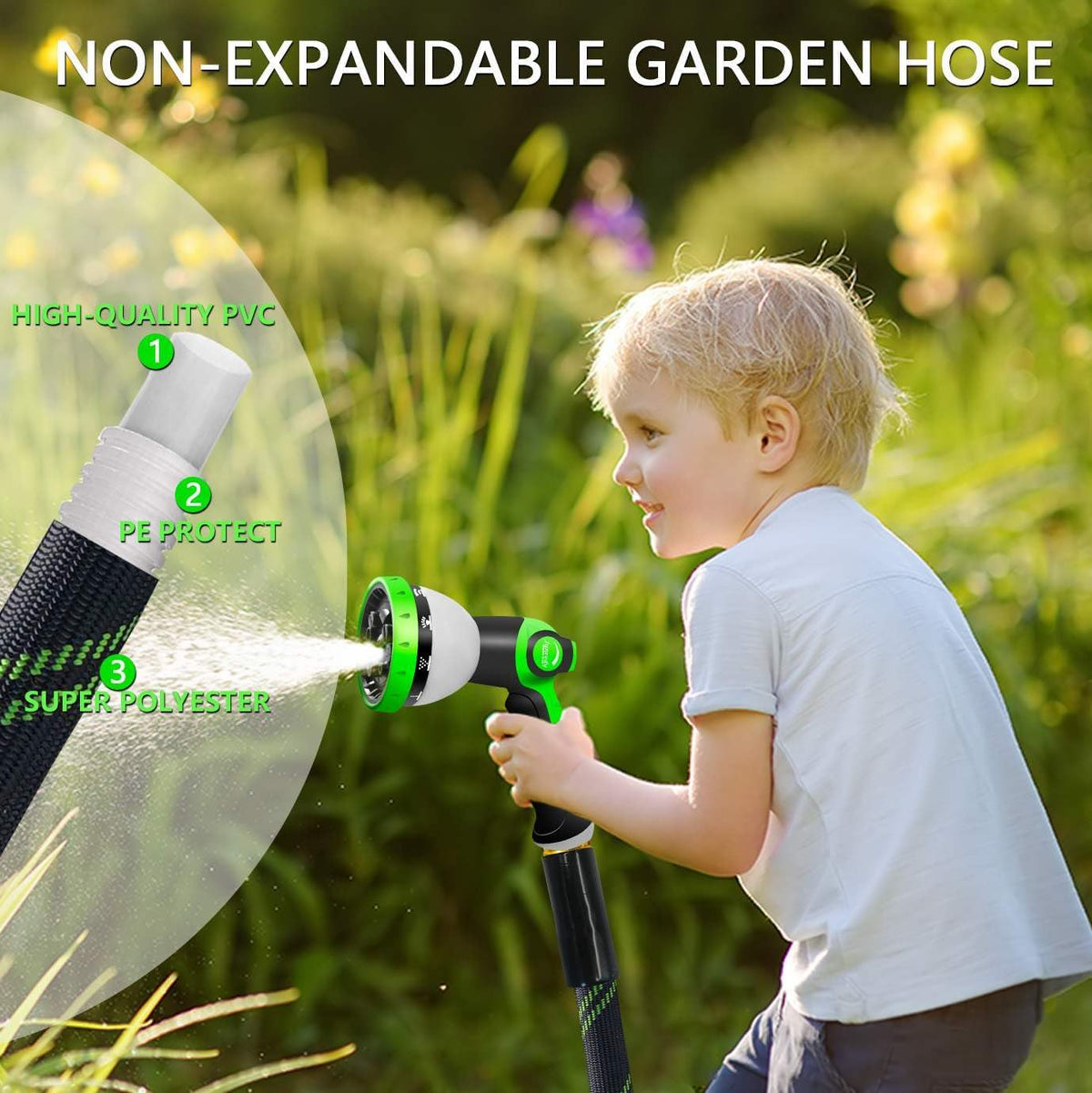 Garden Hose 25 FT, NON-EXPANDABLE Heavy-Duty Flexible & Lightweight Water Hose with 10-Function