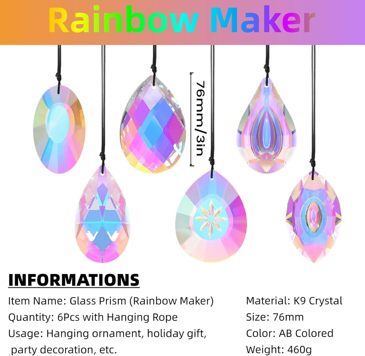 6Pcs Crystal Sun Catcher Prisms, Suncatchers for Windows Hanging, AB Colored Chandelier Crystals