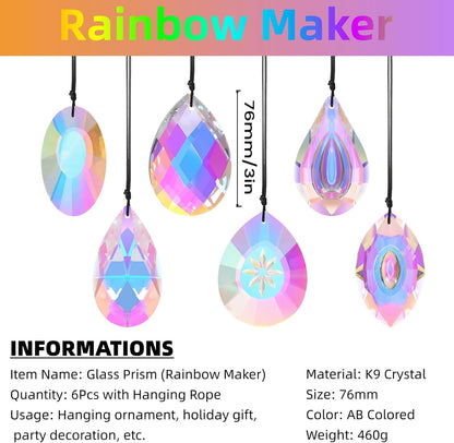 6Pcs Crystal Sun Catcher Prisms, Suncatchers for Windows Hanging, AB Colored Chandelier Crystals