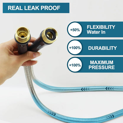 Stainless Steel Garden Hose 25ft Heavy Duty Metal Water Hoses with 10 Function Water Hose Nozzles