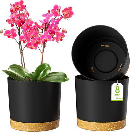 ZMTECH Plant Pots, Set of 3 8'' Self Watering Plastic Planter with Drainage Hole and Saucer, Modern