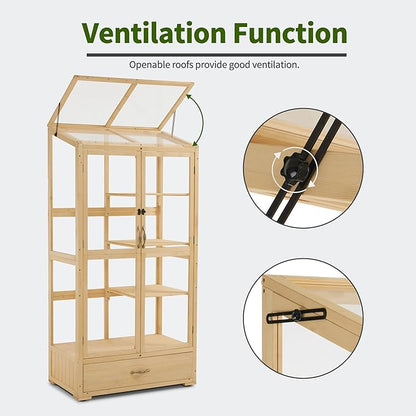 Macrout Cold Frame Greenhouse, Tall Wooden Greenhouse for Outdoor Indoor Use with Polycarbonate