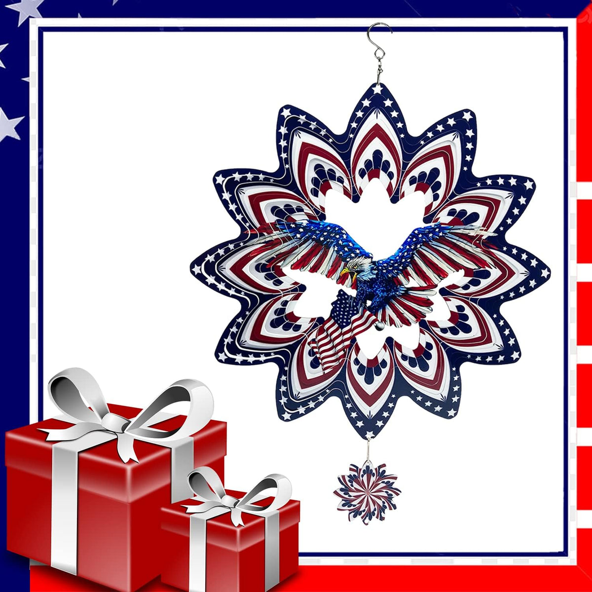 Eagle Wind Spinners for Yard and Garden,Wind Spinner Hanging,3D Metal Wind Catchers,12in American