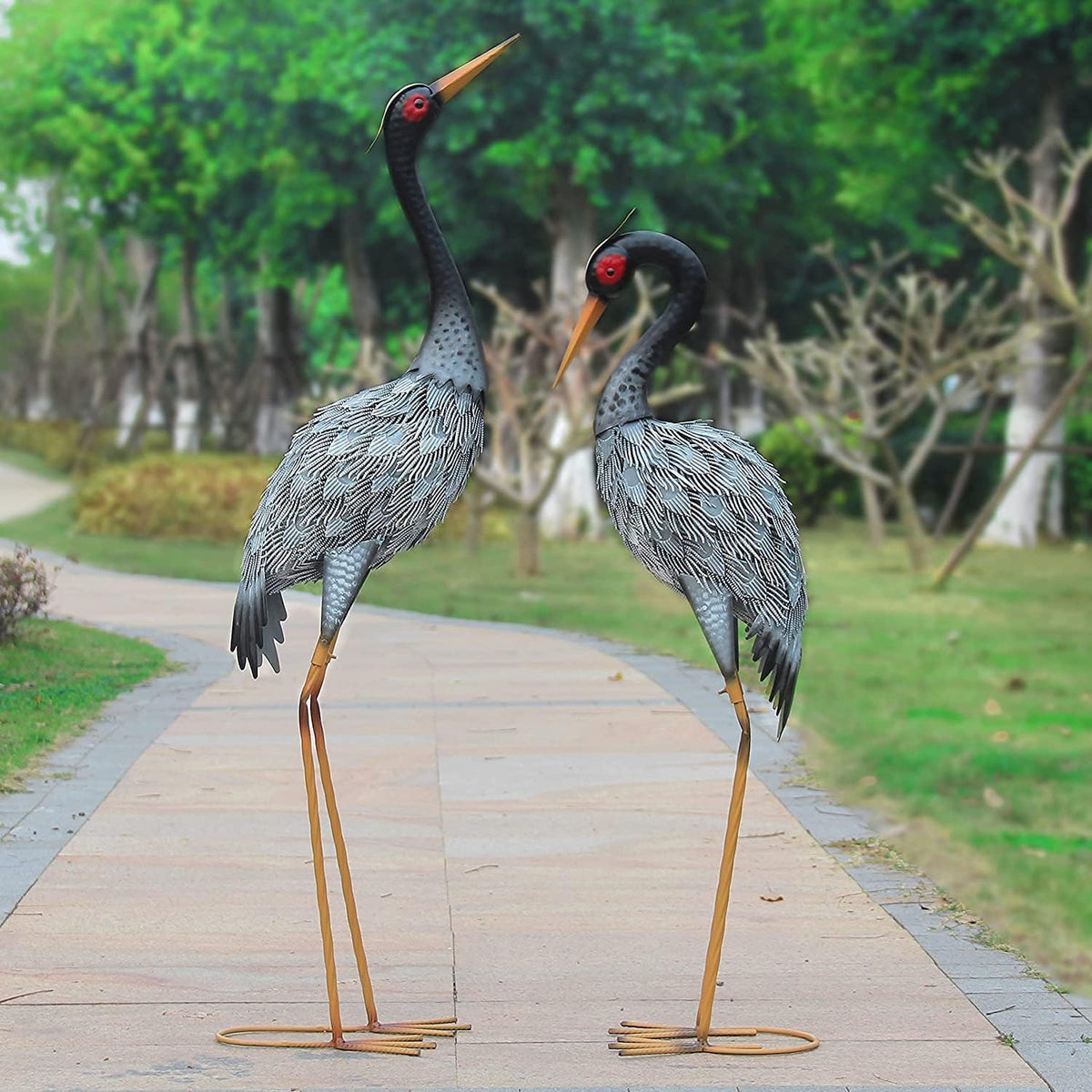Crane Statue Garden Décor, Metal Heron Statue Yard Art for Outdoor Patio Lawn Backyard Pool Front