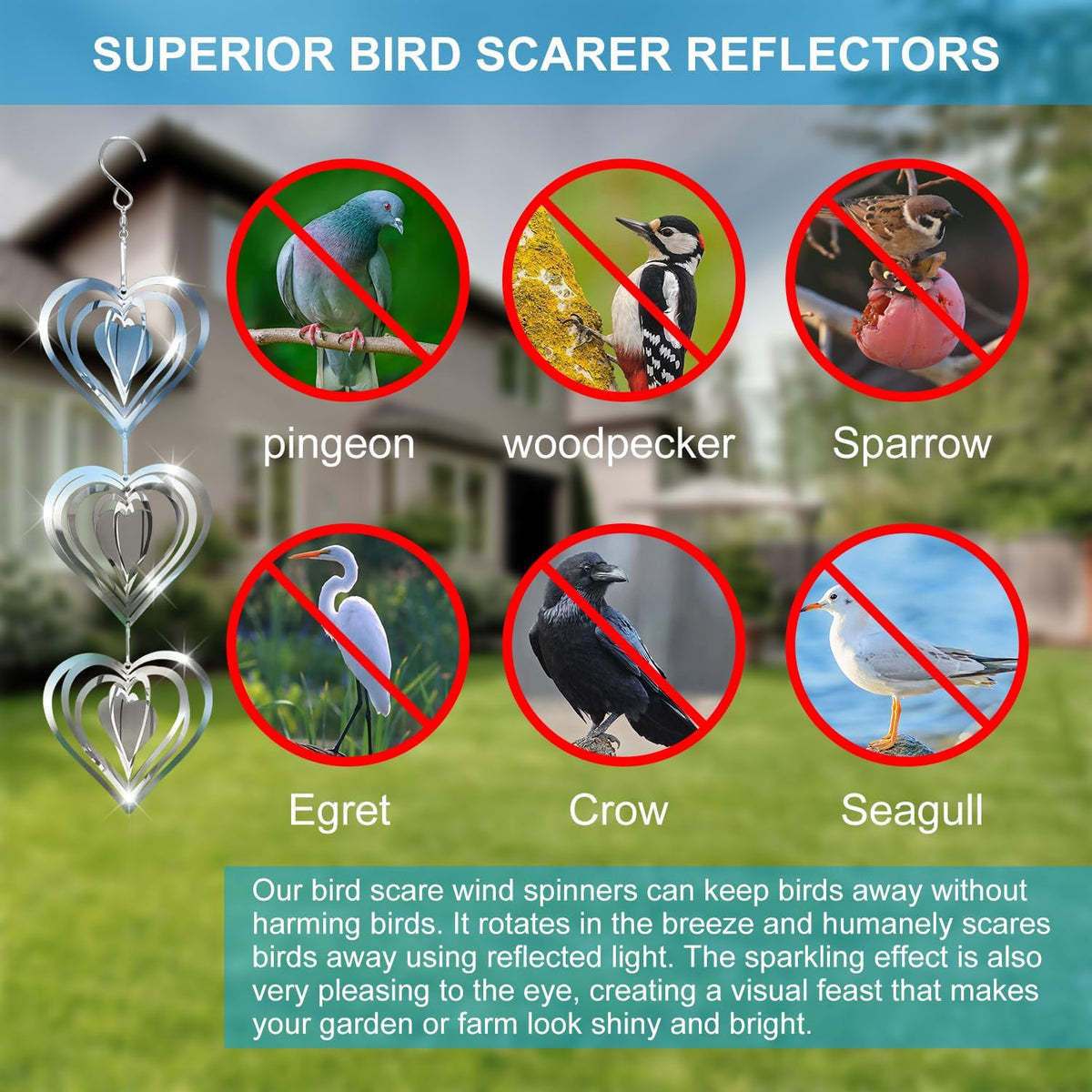 Love Stainless Steel Bird Scarer Discs Set, 3D Reflective Helix Wind Spinners Bird Reflector