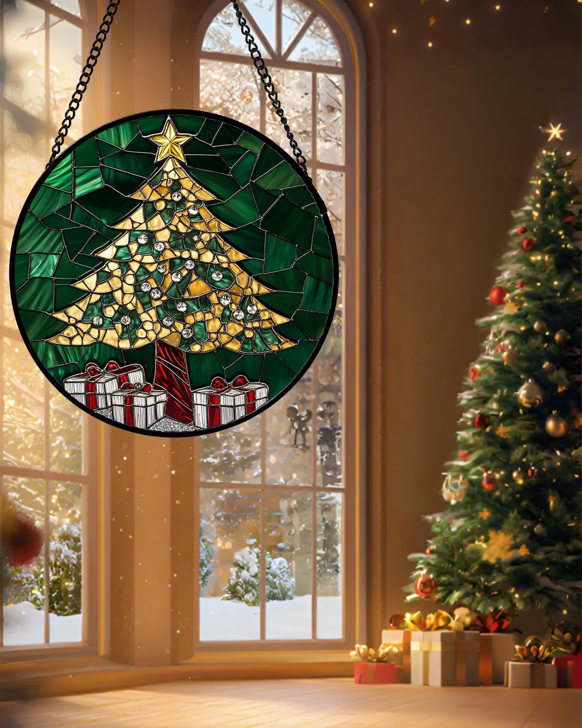 Stained Glass Window Hanging - Gold Green Christmas Tree Suncatcher for Doors Home Christmas