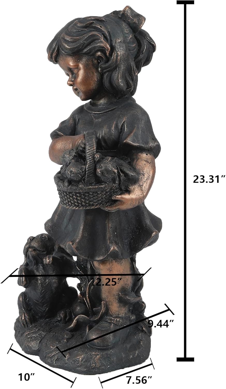 LuxenHome Garden Decor Statue,23" Fiber Stone Girl and Puppy Outdoor Statue, Bronze Garden