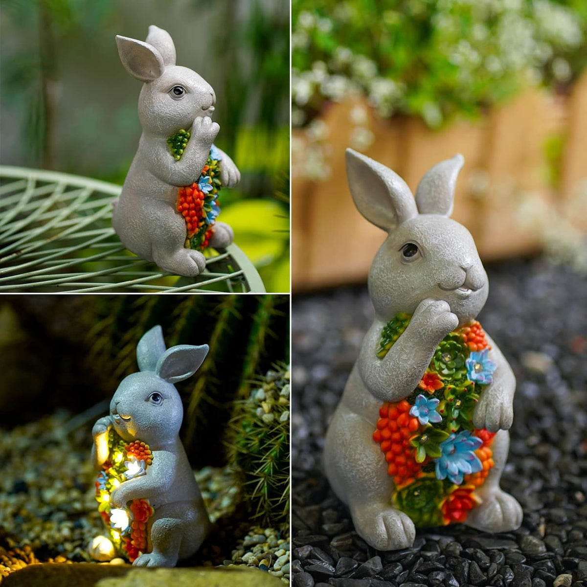 Nacome Garden Outdoor Statues Bunny with Succulent and 7 LED Lights – Lawn Decor for Patio