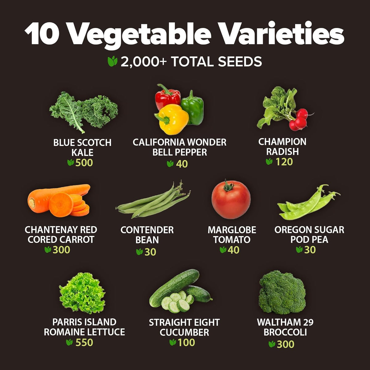 HOME GROWN Premium USA-Grown Vegetable Seeds - 10 Variety Pack with 5,800+ Non-GMO Heirloom Seeds