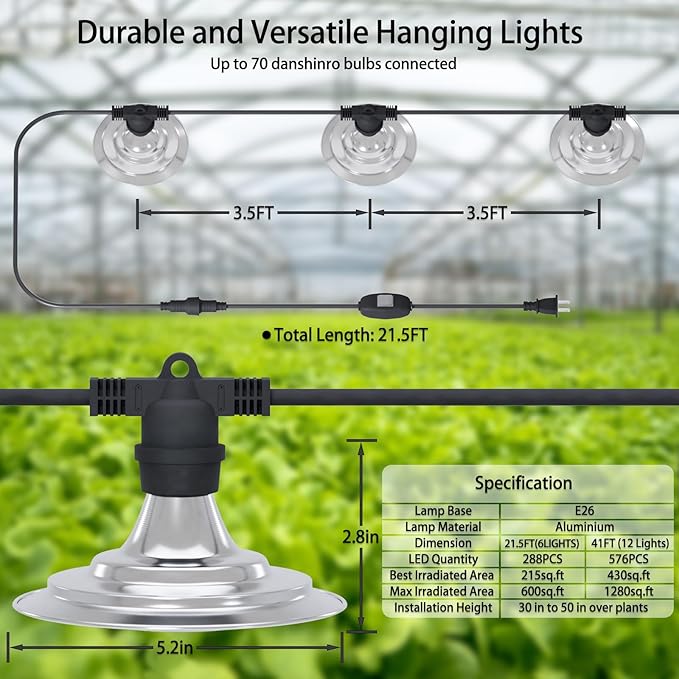 6-Light Outdoor LED Grow Lights – Waterproof Full Spectrum Greenhouse Lights for Plants, 21.3FT