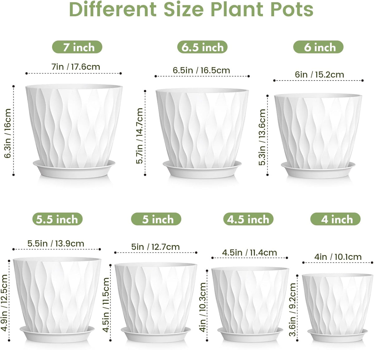 7/6.5/6/5.5/5/4.5/4 inch Plant Pots for Indoor Outdoor Plants, 7 Pack Thick Flower Pots with