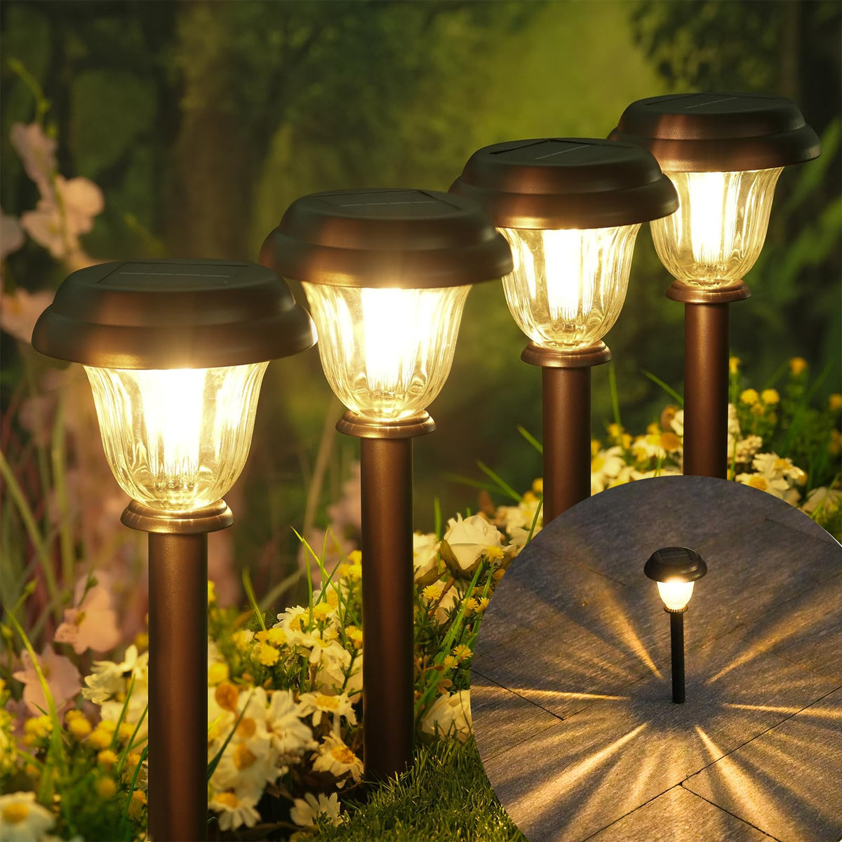 DERAYSION 8 Pack Solar Lights Outdoor, Stainless Steel Glass Solar Pathway Lights, Auto On/Off