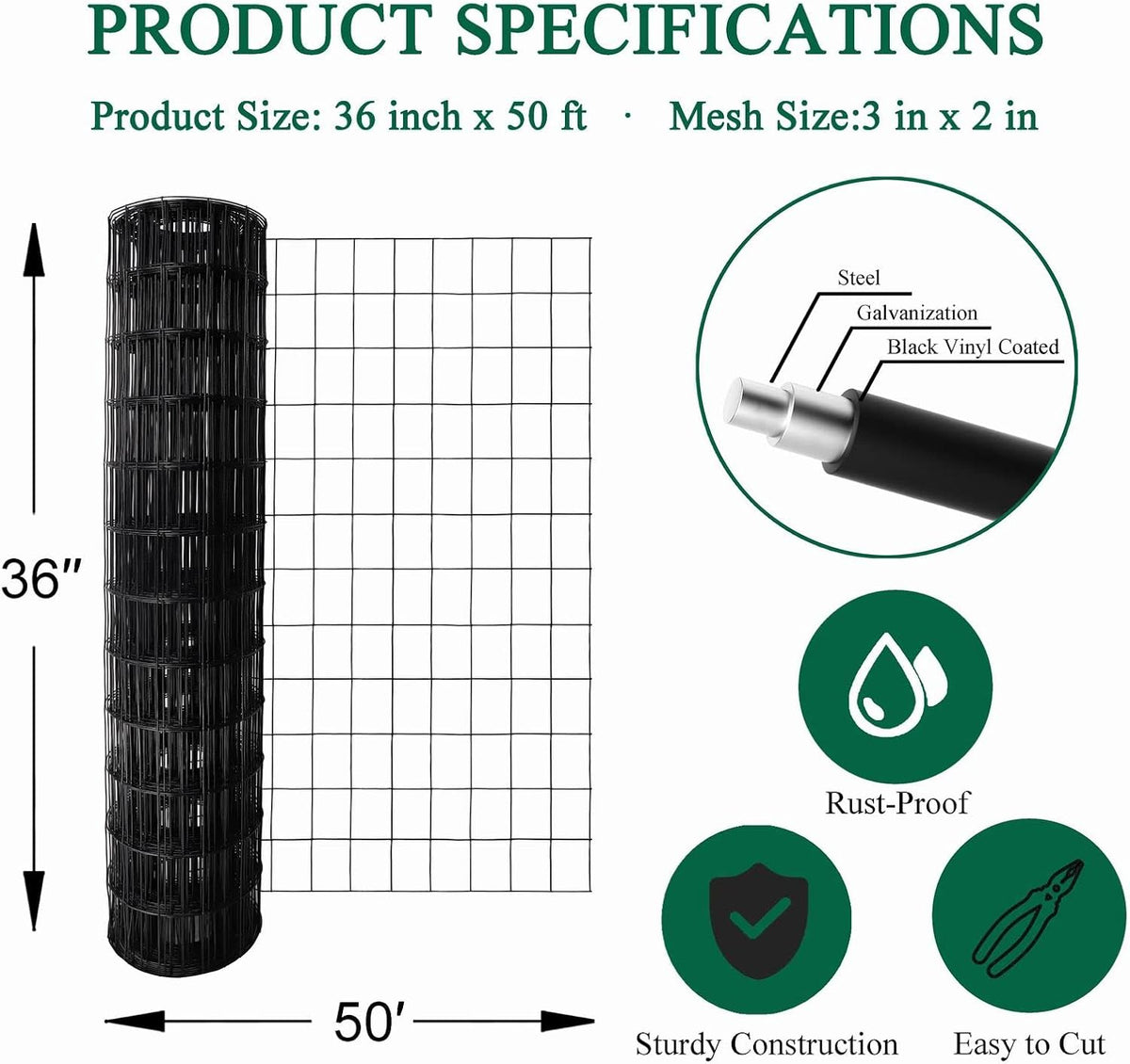 Black PVC Coated Welded Wire Fence 36 Inch x 50 Foot, 2 Inch x 3 Inch 16GA, Garden Border Fencing
