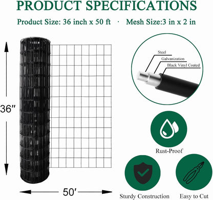 Black PVC Coated Welded Wire Fence 36 Inch x 50 Foot, 2 Inch x 3 Inch 16GA, Garden Border Fencing