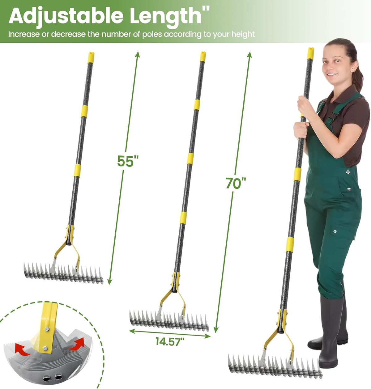 Thatch Rake, 70 inch Heavy Duty Dethatcher Rake Adjustable Dethatching for Loosening Soil Gathering