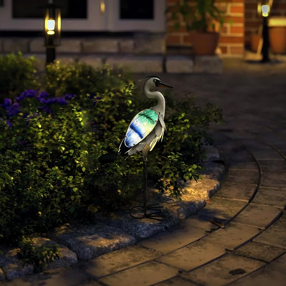 HONGLAND Solar Metal Crane Statue Garden Heron Sculpture, Glass Outdoor Heron Yard Art Coastal